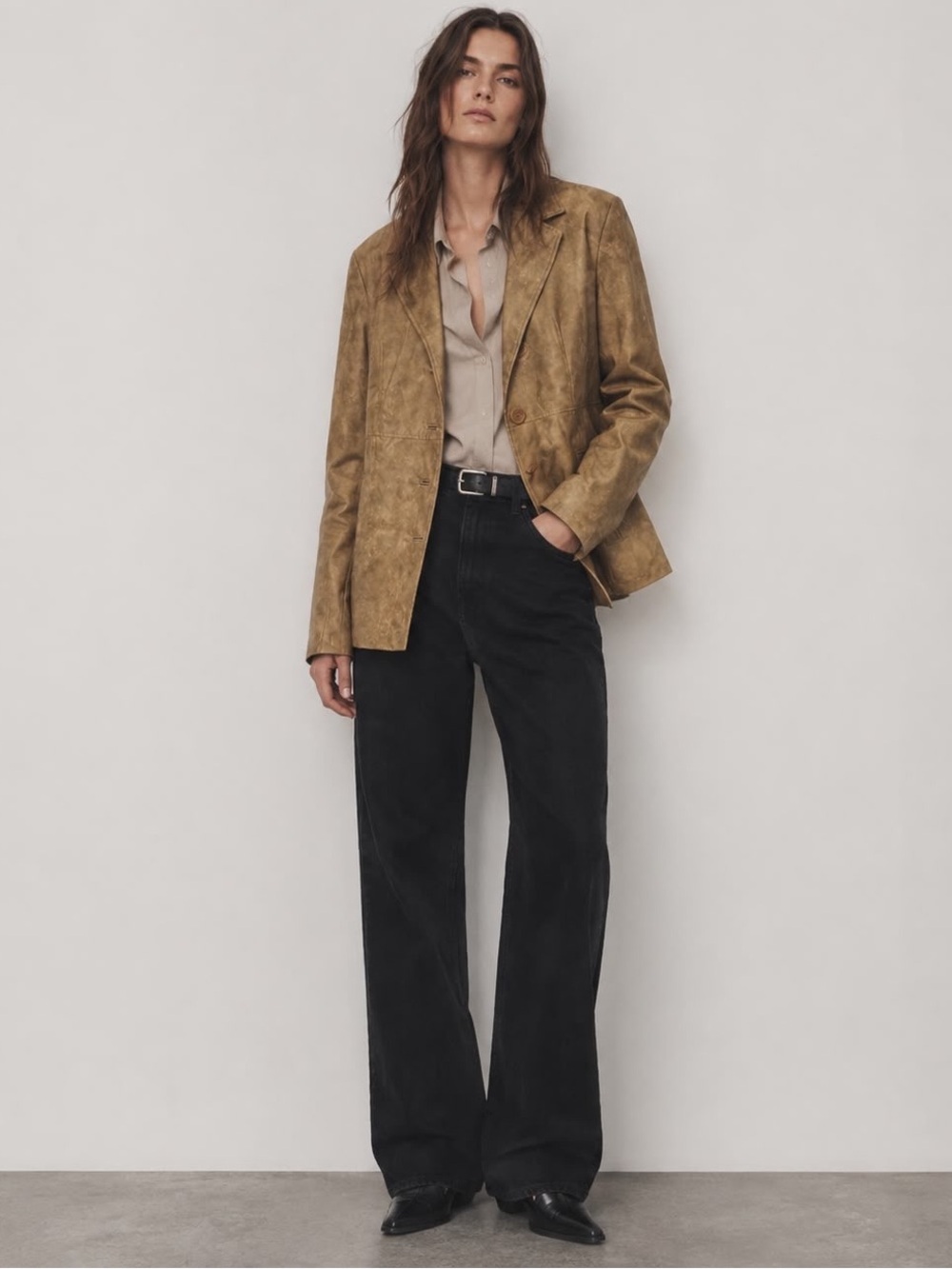 Fairweather Distressed Tan Faux Leather Blazer Jacket L/G